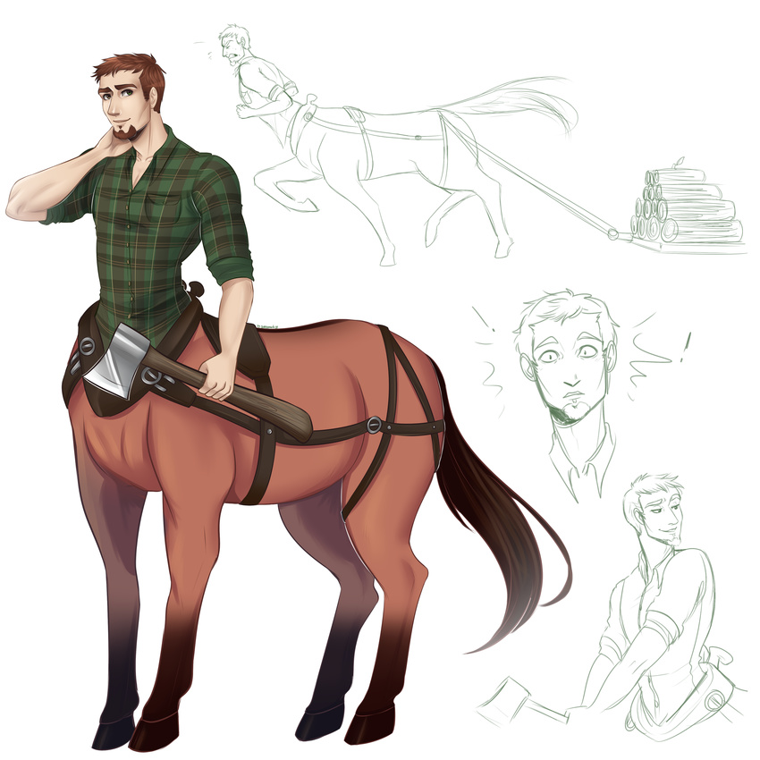 ! 5_fingers absurd_res axe beard centaur digital_drawing_(artwork) digital_media_(artwork) equine equine_taur facial_hair green_eyes hair hand_on_neck hi_res log looking_at_viewer male mammal melee_weapon raised_eyebrow red_hair signature simple_background smile solo speremint taur thaddeus_slater weapon white_background wood