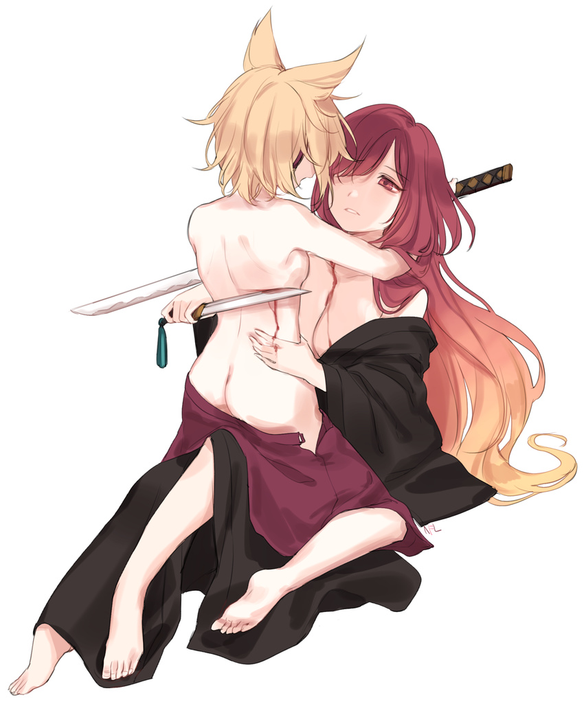 absurdres ass barefoot black_kimono blonde_hair blood breasts commentary_request from_behind gradient_hair highres hijiri_byakuren holding holding_sword holding_weapon japanese_clothes katana kimono kneeling large_breasts long_hair looking_at_viewer multicolored_hair multiple_girls off_shoulder parted_lips purple_eyes purple_hair purple_skirt shan short_hair simple_background skirt small_breasts sword tantou topless touhou toyosatomimi_no_miko very_long_hair weapon white_background