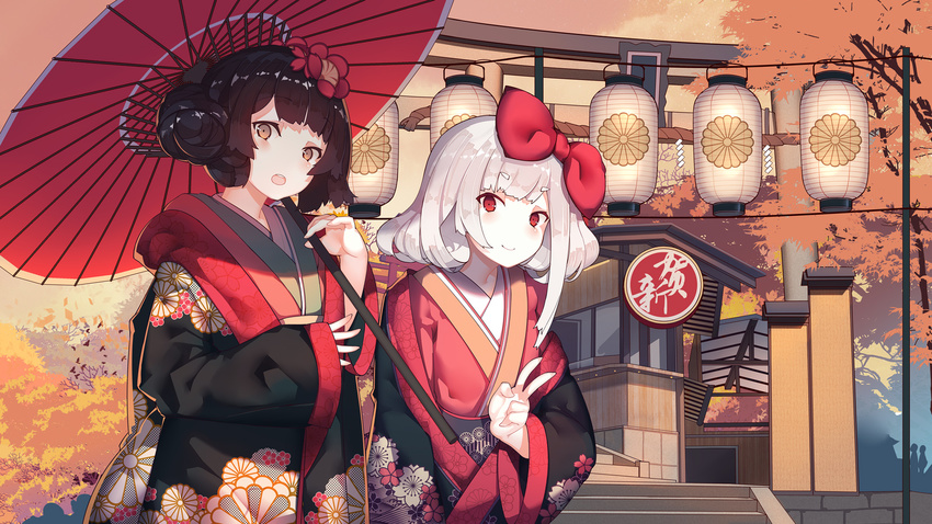 autumn_leaves bangs bird black_coat black_hair blush bow brown_eyes brown_kimono closed_mouth coat commentary_request eyebrows_visible_through_hair fingernails floral_print flower hair_bow hair_bun hair_flower hair_ornament highres holding holding_umbrella japanese_clothes kimono lantern long_sleeves multiple_girls new_year open_mouth oriental_umbrella original outdoors overcoat paper_lantern print_coat rain_lan red_bow red_eyes red_flower short_hair side_bun silver_hair sleeves_past_wrists smile thick_eyebrows umbrella upper_body upper_teeth v wide_sleeves