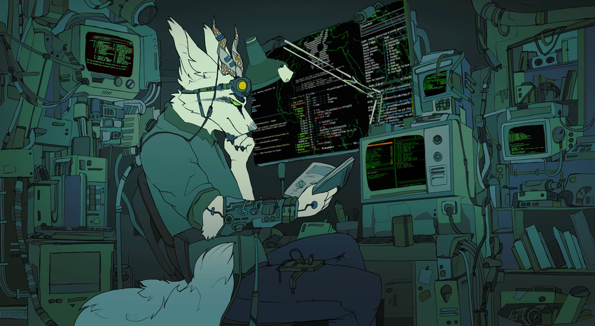 2018 anthro clothed clothing cybernetics cyberpunk detailed_background digital_media_(artwork) fur green_eyes hi_res horn inside jeanwoof machine male mammal sitting solo technology text white_fur