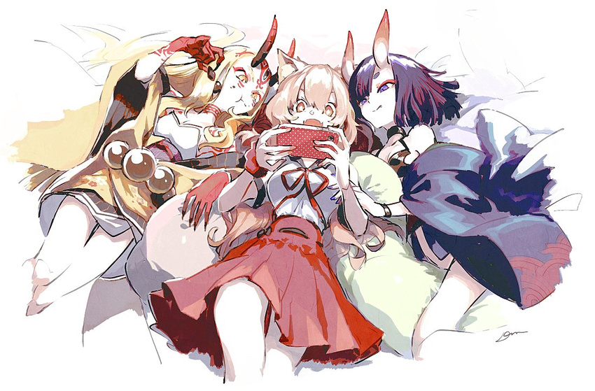 :d animal_ear_fluff animal_ears blonde_hair breasts claws cleavage domu_(hamadura) earrings eating eyeliner fang_out fangs fate/extra fate/extra_ccc fate/extra_ccc_fox_tail fate/grand_order fate_(series) fox_ears horns ibaraki_douji_(fate/grand_order) japanese_clothes jewelry kimono long_hair lying makeup medium_breasts multiple_girls on_back on_side oni oni_horns open_mouth pleated_skirt purple_eyes purple_hair shuten_douji_(fate/grand_order) skirt slit_pupils small_breasts smile suzuka_gozen_(fate) yellow_eyes yellow_kimono