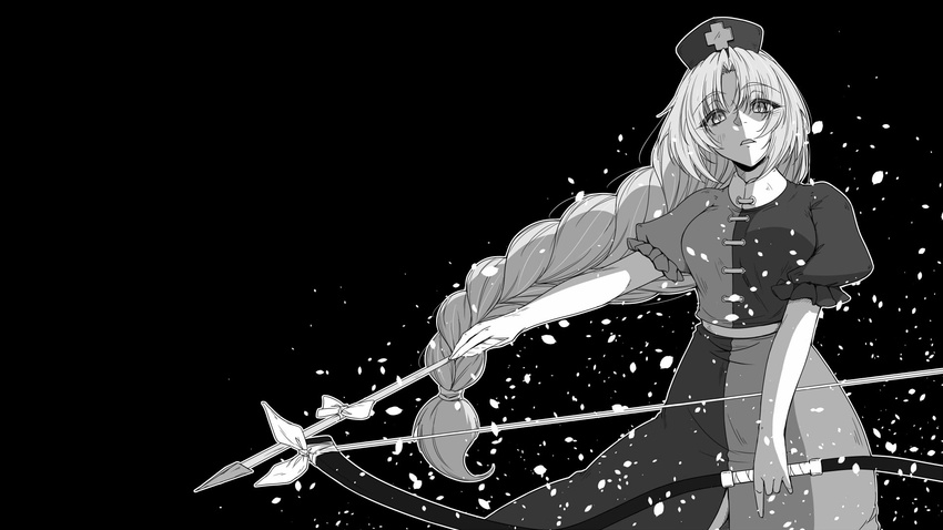 arrow bangs black_background bow bow_(weapon) braid cowboy_shot dress eyebrows_visible_through_hair greyscale hat highres holding holding_arrow holding_bow_(weapon) holding_weapon lonely long_braid long_hair monochrome nurse_cap open_mouth puffy_short_sleeves puffy_sleeves short_sleeves single_braid solo sunatoshi touhou very_long_hair weapon yagokoro_eirin