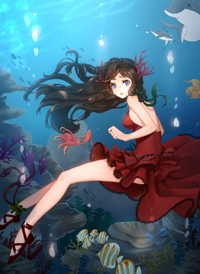 :o absurdres ankle_cuffs ankle_lace-up backless_dress backless_outfit bare_legs belly_chain blue_eyes breasts brown_hair butterflyfish coral coral_hair_ornament cross-laced_footwear dolphin dress floating_hair from_side full_body hair_ornament highres horns jewelry long_hair looking_at_viewer looking_to_the_side medium_breasts monet930 no_socks ocean ocean_bottom original red_dress red_footwear school_of_fish shoes sideboob sleeveless sleeveless_dress tropical_fish underwater