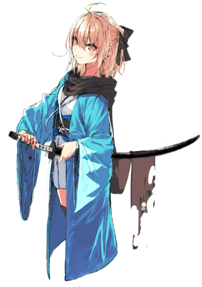 1girl absurdres ahoge bangs black_bow black_legwear black_scarf blush bow brown_eyes brown_hair cropped_legs eyebrows_visible_through_hair fate_(series) grin hair_between_eyes hair_bow half_updo hand_on_hilt haori highres japanese_clothes katana kimono koha-ace kuwashima_rein long_sleeves looking_at_viewer medium_hair obi okita_souji_(fate) okita_souji_(fate)_(all) sash scabbard scarf sheath sheathed shinsengumi shiny shiny_hair short_kimono sidelocks simple_background smile solo standing sword thighhighs torn_scarf weapon white_background white_kimono wide_sleeves