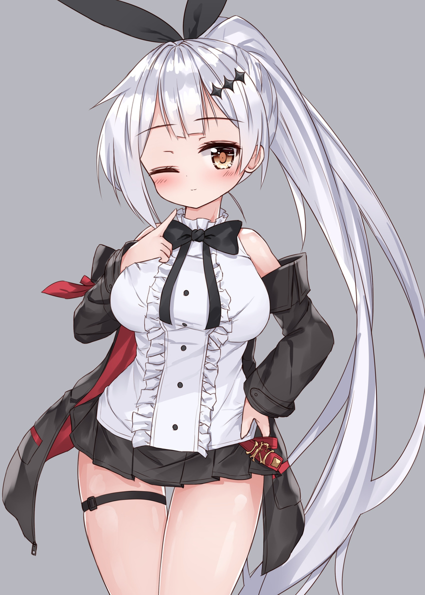 ;3 absurdres bangs bare_shoulders black_jacket black_neckwear black_ribbon black_skirt blush bow bowtie breasts brown_eyes center_frills closed_mouth eyebrows_visible_through_hair five-seven_(girls_frontline) frills girls_frontline hair_ornament hair_ribbon high_ponytail highres index_finger_raised jacket large_breasts long_hair long_sleeves looking_at_viewer miniskirt off_shoulder one_eye_closed open_clothes open_jacket pleated_skirt ponytail ribbon shirt sidelocks silver_hair skirt solo tandohark thigh_gap thigh_strap very_long_hair white_shirt