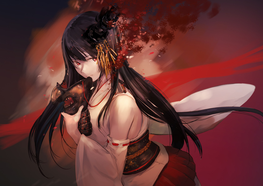black_hair detached_sleeves fusou_(kantai_collection) hair_ornament kantai_collection long_hair mask mask_removed nontraditional_miko red_background red_eyes solo takeshima_satoshi