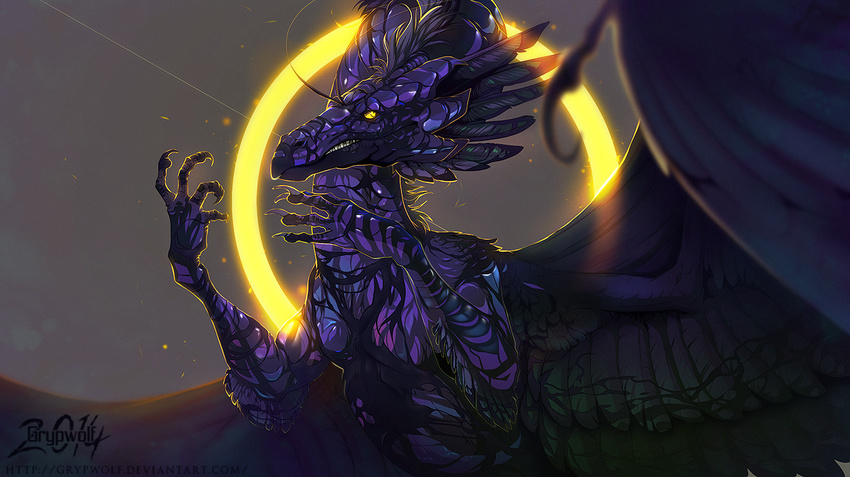 2014 ambiguous_gender claws digital_drawing_(artwork) digital_media_(artwork) dragon feathered_dragon feathers flight_rising grypwolf purple_feathers simple_background skydancer_dragon yellow_eyes
