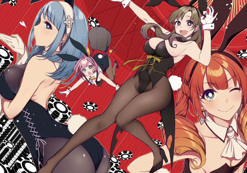 back blue_eyes breasts bunny_girl desu fishnet_pantyhose fishnets large_breasts medium_breasts multiple_girls oosuki_mamako pantyhose pochi_(pochi-goya) poker_chip poota_(tsuujou_kougeki_ga_zentai_kougeki_de_ni-kai_kougeki_no_okaasan_wa_suki_desu_ka?) purple_eyes red_background sideboob tsuujou_kougeki_ga_zentai_kougeki_de_ni-kai_kougeki_no_okaasan_wa_suki_desu_ka? twintails wise_octopus_(slayers)