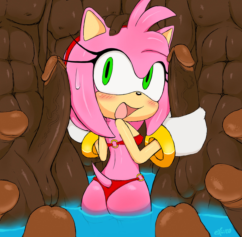 abs amy_rose anthro balls bikini blush butt clothing dark_skin excito faceless_male gangbang group group_sex handjob human human_on_anthro humanoid_penis interspecies male male_on_anthro mammal nude penis pool_(disambiguation) sex size_difference sonic_(series) swimsuit