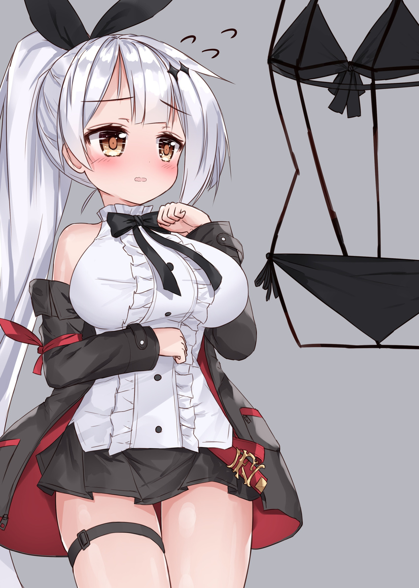 absurdres bangs bikini black_bikini black_jacket black_neckwear black_ribbon black_skirt blush bow bowtie breasts brown_eyes center_frills eyebrows_visible_through_hair five-seven_(girls_frontline) flying_sweatdrops frills front-tie_bikini front-tie_top girls_frontline grey_background hair_ornament hair_ribbon high_ponytail highres jacket large_breasts long_hair long_sleeves looking_away miniskirt off_shoulder open_clothes open_jacket parted_lips pleated_skirt ponytail ribbon shirt side-tie_bikini sidelocks silver_hair simple_background skirt sleeveless sleeveless_shirt solo swimsuit tandohark thigh_strap very_long_hair wavy_mouth white_shirt