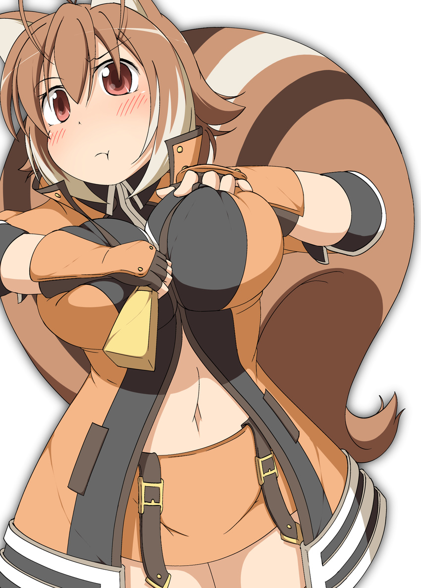 absurdres animal_ears belt blazblue blazblue:_chronophantasma blush breasts brown_hair cloak collared_jacket commentary_request fitting hand_on_own_chest highres jacket large_breasts makoto_nanaya mirano multicolored_hair navel orange_jacket orange_skirt pout red_eyes short_hair skirt sleeves_past_elbows solo squirrel_ears squirrel_girl squirrel_tail tail undersized_clothes white_background white_hair zipper