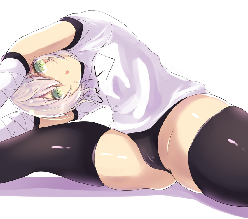 bandaged_arm bandages bangs black_legwear black_panties cameltoe commentary_request eyebrows_visible_through_hair facial_scar fate/grand_order fate_(series) green_eyes gym_shirt hair_between_eyes highres jack_the_ripper_(fate/apocrypha) leaning_to_the_side name_tag owafu panties parted_lips scar scar_across_eye scar_on_cheek shirt short_sleeves silver_hair solo stretch thighhighs underwear white_background white_shirt