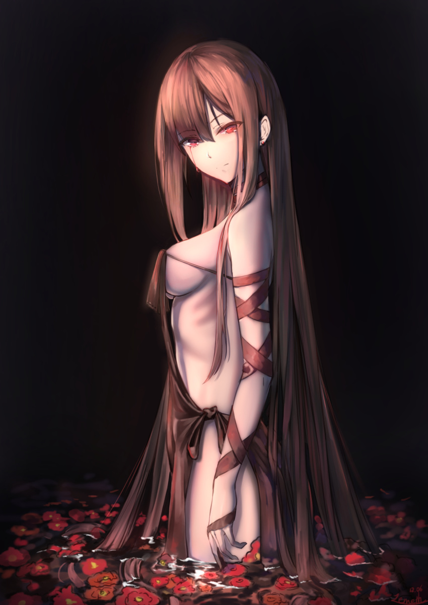 1girl bangs bare_shoulders black_collar black_dress blood bloody_tears breasts brown_hair consort_yu_(fate) dress earrings eyebrows_visible_through_hair eyes_visible_through_hair fate/grand_order fate_(series) flower highres jewelry long_hair looking_at_viewer medium_breasts partially_submerged red_eyes red_flower revealing_clothes solo strapless strapless_dress stud_earrings very_long_hair water zemeth