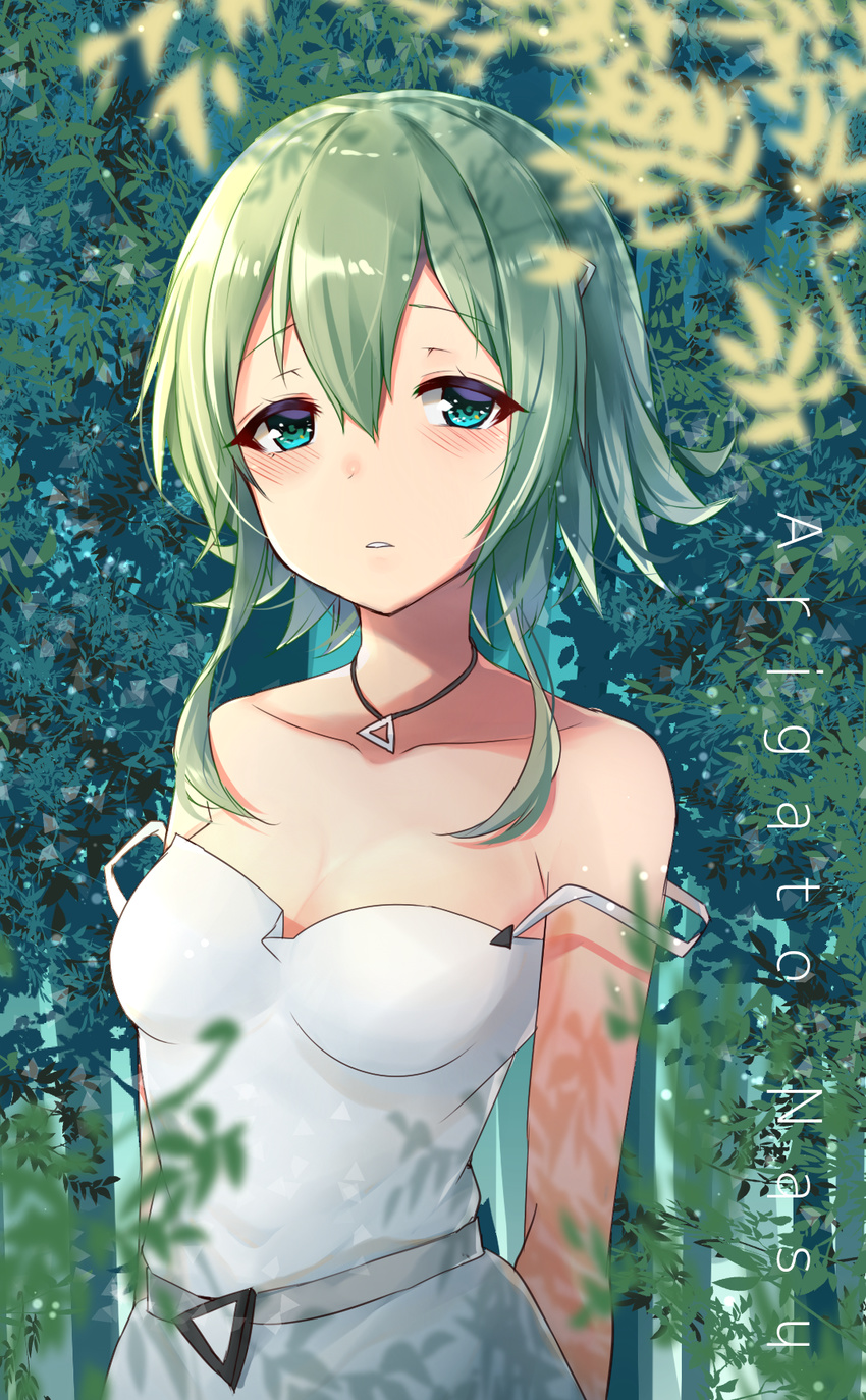 aqua_eyes arms_behind_back bare_shoulders blurry blurry_foreground blush breasts cleavage collarbone depth_of_field dress expressionless eyebrows_visible_through_hair eyelashes green_hair hair_between_eyes hair_ornament hairclip half-closed_eyes highres jewelry looking_at_viewer medium_breasts necklace original parted_lips plant shiny shiny_hair short_hair_with_long_locks sleeveless sleeveless_dress solo sundress upper_body white_dress zhi_zhi/zu_zu
