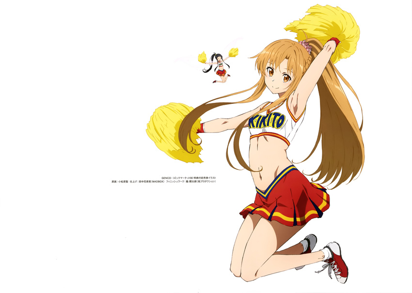 absurdres arm_up armpits artist_name asuna_(sao) black_hair brown_eyes brown_hair cheerleader closed_eyes collarbone crop_top fairy_wings floating_hair full_body high_ponytail highres jumping komatsubara_sei long_hair midriff miniskirt multiple_girls navel outstretched_arm outstretched_arms pleated_skirt pom_poms red_skirt simple_background skirt sleeveless smile socks stomach sword_art_online very_long_hair white_background white_legwear wings yui_(sao) yui_(sao-alo)