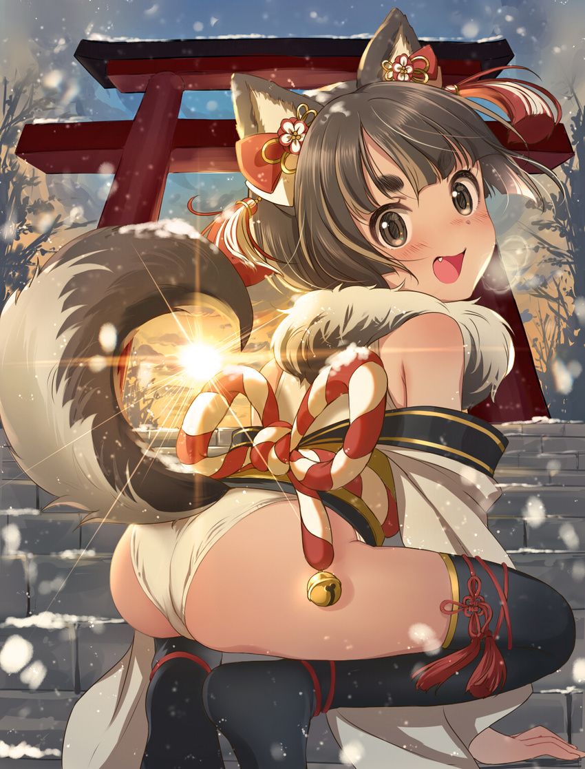 :d animal_ears ass bangs black_legwear blunt_bangs blush brown_eyes brown_hair chinese_zodiac commentary dog_ears dog_tail eyebrows_visible_through_hair fang from_behind hair_ornament highres japanese_clothes kimono leotard light_rays looking_at_viewer looking_back new_year obi off_shoulder open_mouth original outdoors sash short_eyebrows short_hair smile snow snowing solo squatting stairs sun sunlight sunrise tail tassel thick_eyebrows thighhighs torii tsukana_(saba_mizore) white_leotard year_of_the_dog