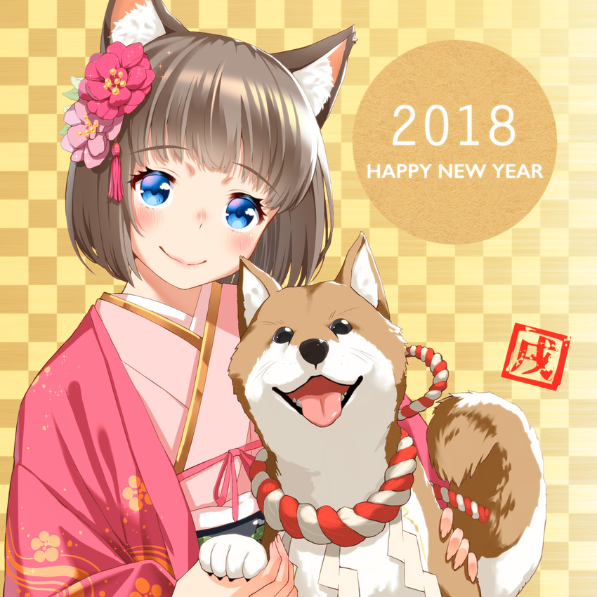 2018 animal_ears bangs blue_eyes blush brown_hair chinese_zodiac closed_mouth commentary_request dog dog_ears eyebrows_visible_through_hair flower hair_flower hair_ornament happy_new_year head_tilt highres japanese_clothes kimono lips looking_at_viewer nengajou new_year original pink_kimono saruchitan shiba_inu short_hair smile solo upper_body year_of_the_dog