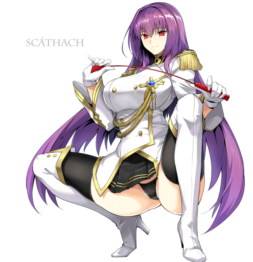 aiguillette alternate_costume bangs black_legwear black_panties black_skirt boots breasts buttons character_name commentary_request crotch epaulettes fate/extella fate/extella_link fate/extra fate/grand_order fate_(series) hair_between_eyes harukon_(halcon) high_heel_boots high_heels highres jacket jewelry knee_boots large_breasts long_hair looking_at_viewer military_jacket miniskirt panties pendant pleated_skirt purple_hair red_eyes riding_crop scathach_(fate)_(all) scathach_(fate/grand_order) simple_background skirt smile solo squatting thighhighs thighs underwear white_background white_footwear white_jacket