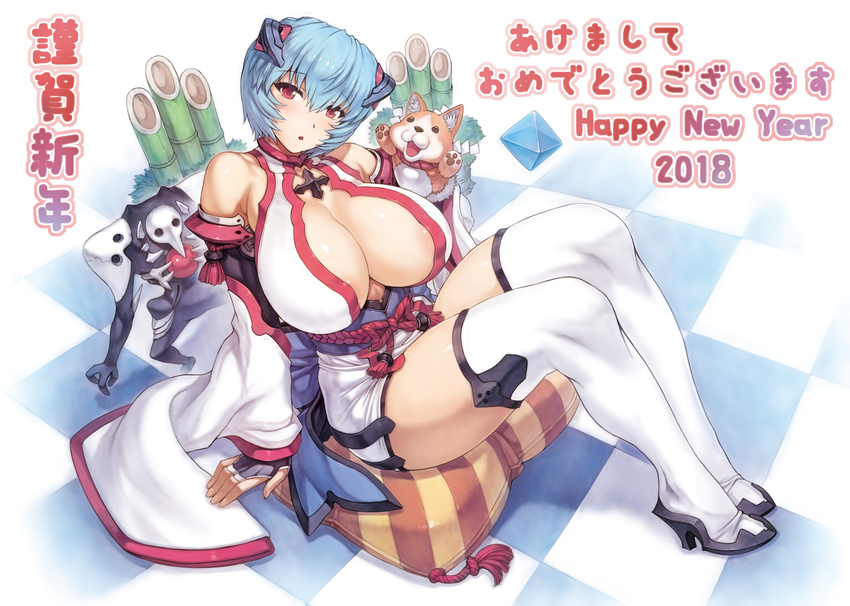 2018 absurdres adapted_costume alternate_breast_size angel_(evangelion) areola_slip areolae arm_support ayanami_rei bamboo bangs bare_shoulders black_gloves blue_bow blue_eyes blush boots bow breasts center_opening checkered checkered_floor chinese_zodiac cross cushion dated detached_sleeves diagonal_stripes dog eyebrows_visible_through_hair fingerless_gloves floating from_side full_body fur_trim gloves gradient hair_between_eyes halterneck hand_puppet happy_new_year head_tilt headgear high_heel_boots high_heels highres huge_breasts japanese_clothes kimono knees_up legs_together long_sleeves mogudan neon_genesis_evangelion new_year no_bra obi open_clothes parted_lips plugsuit puffy_nipples puppet ramiel red_eyes rope sachiel sash shide short_hair short_kimono sitting size_difference stitches striped tassel thigh_boots thighhighs thighs translation_request transparent turtleneck underbust white_footwear white_kimono wide_sleeves year_of_the_dog