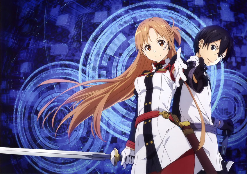 black_eyes black_hair braids brown_eyes brown_hair dress gloves kirigaya_kazuto long_hair male pantyhose scan short_hair sword sword_art_online uniform weapon yamada_yukei yuuki_asuna