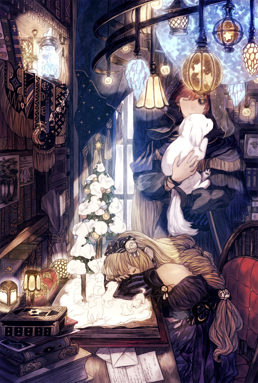 1girl animal blonde_hair book bookshelf braid brown_hair chair chandelier christa_renz cloak closed_eyes curtains desk dog dress earrings highres hood indoors jar jewelry lamp letter long_hair maekakekamen original shelf short_hair sleeping