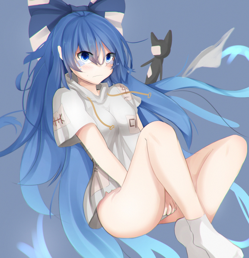 ass blue_bow blue_eyes blue_hair blush bottomless bow debt embarrassed frown hair_bow hell.k highres hood hoodie long_hair looking_at_viewer no_panties shirt_tug sitting socks solo stuffed_animal stuffed_cat stuffed_toy tears touhou very_long_hair white_footwear yorigami_shion