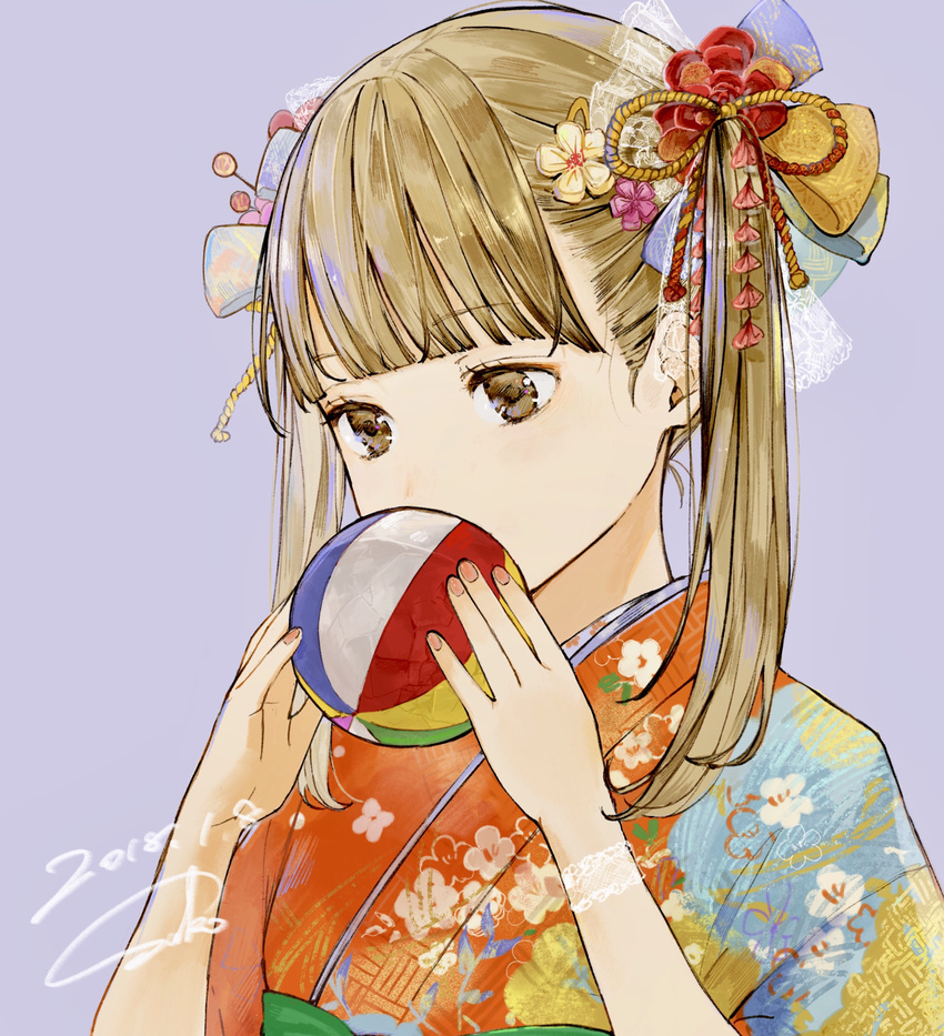 absurdres ball bangs blunt_bangs brown_eyes brown_hair covering_mouth dated eyebrows_visible_through_hair floral_print flower hair_flower hair_ornament hair_ribbon hair_stick highres holding holding_ball japanese_clothes kimono long_hair looking_down nail_polish original pink_nails purple_background ribbon sako_(user_ndpz5754) shiny shiny_hair signature simple_background solo tareme temari_ball twintails upper_body yellow_ribbon yukata