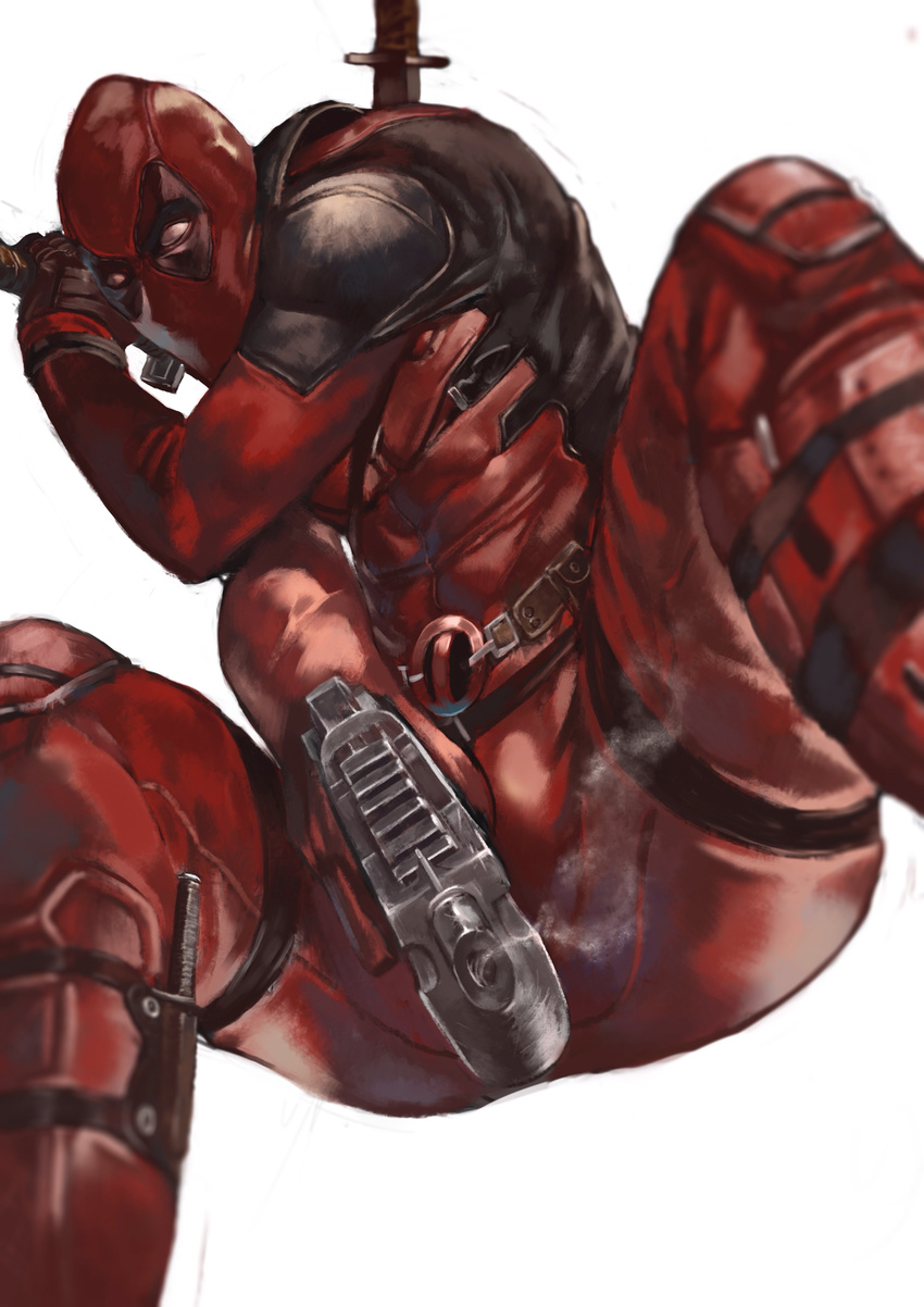 1boy bodysuit deadpool gloves gun knife looking_at_viewer male_focus marvel mask simple_background solo weapon