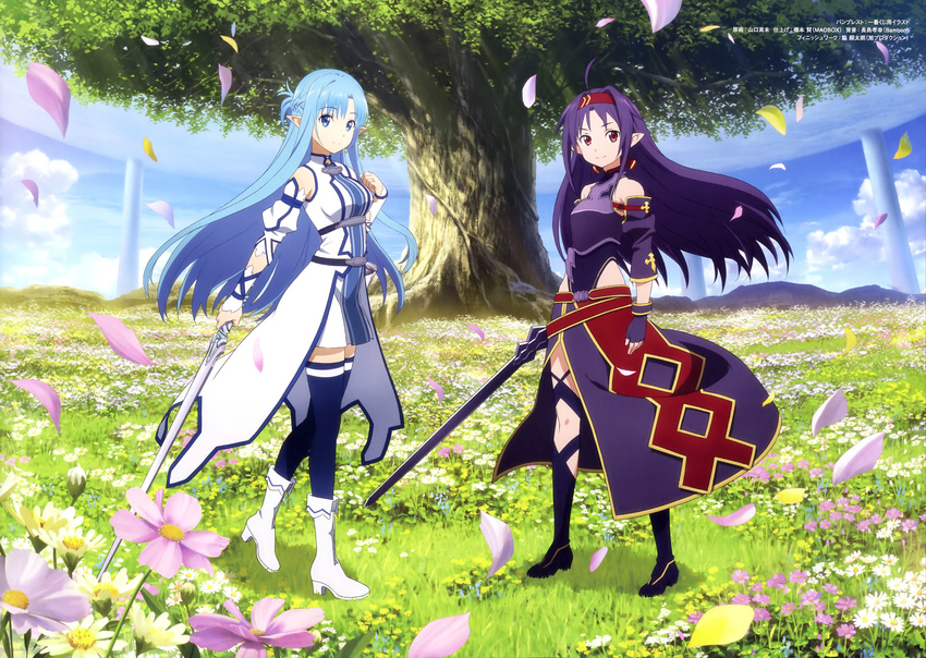 absurdres ahoge artist_name asuna_(sao) asuna_(sao-alo) blue_eyes blue_hair blue_legwear breastplate breasts cherry_blossoms day detached_sleeves dress field fingerless_gloves floating_hair flower flower_field full_body gloves headband high_heels highres holding holding_sword holding_weapon long_hair looking_at_viewer medium_breasts multiple_girls outdoors pink_flower pointy_ears purple_gloves purple_hair red_eyes short_dress standing sword sword_art_online thighhighs tree very_long_hair weapon white_flower white_footwear yamakuchi_mami yuuki_(sao) zettai_ryouiki