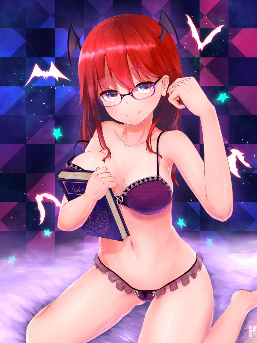 barefoot bat_wings bespectacled blush book bra breasts cleavage glasses head_wings highres koakuma large_breasts long_hair looking_at_viewer navel panties purple-framed_eyewear purple_bra purple_panties pyonsuke_(pyon2_mfg) red_eyes red_hair sitting smile solo strap_slip touhou underwear underwear_only wariza wings