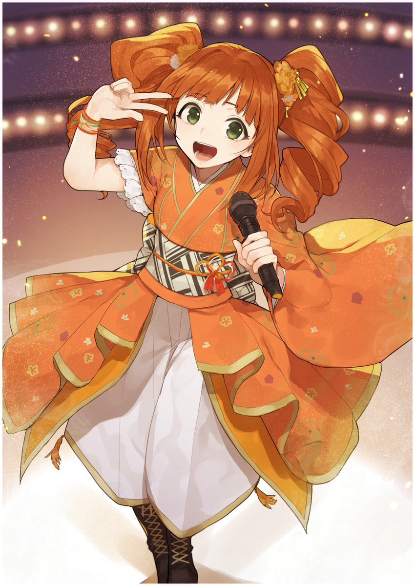 armband asymmetrical_sleeves boots commentary_request cross-laced_footwear drill_hair flower green_eyes hair_flower hair_ornament hakama highres hitoto holding holding_microphone idolmaster idolmaster_(classic) japanese_clothes kimono long_hair microphone obi open_mouth orange_hair sash smile solo stage_lights takatsuki_yayoi twintails v yukata