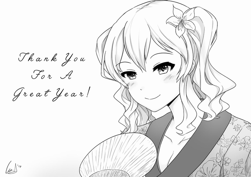 blush breasts cleavage commentary english english_commentary eyebrows_visible_through_hair fan floral_print flower greyscale hair_flower hair_ornament japanese_clothes kantai_collection kashima_(kantai_collection) kimono medium_breasts monochrome new_year paper_fan signature smile solo twintails uchiwa wangphing wavy_hair