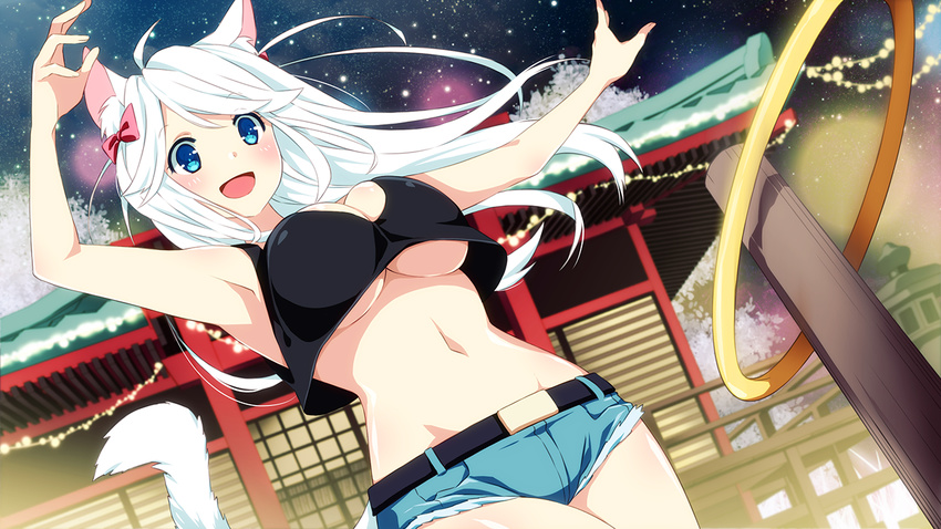 :d ahoge animal_ears arm_up armpits belt black_shirt blue_eyes blush bow breasts cat_ears cat_tail cleavage denim denim_shorts eyebrows_visible_through_hair game_cg groin hair_bow inma jewelry large_breasts long_hair navel nayoko_(sakura_shrine_girls) night open_mouth outdoors pink_bow ring ring_toss sakura_shrine_girls shirt short_shorts shorts shrine sky sleeveless sleeveless_shirt smile solo standing star_(sky) starry_sky stick tail tank_top white_hair