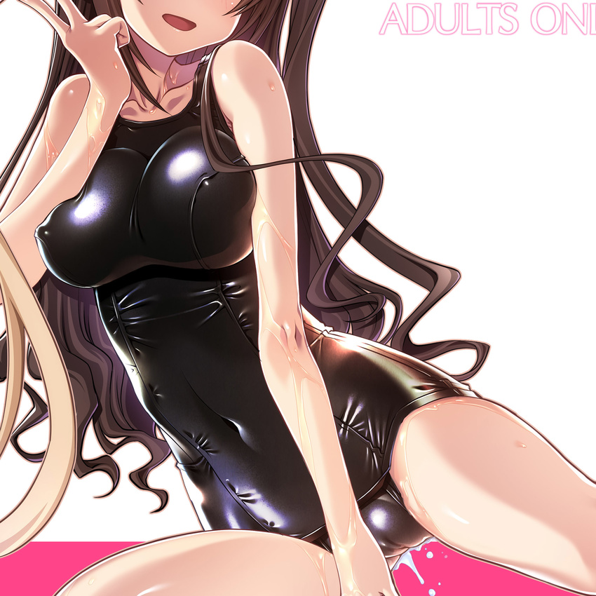 1girl bare_arms bare_legs bare_shoulders blonde_hair breasts brown_hair cameltoe covered_navel cropped erect_nipples idolmaster idolmaster_cinderella_girls large_breasts long_hair open_mouth sakuya_tsuitachi school_swimsuit shimamura_uzuki shiny shiny_clothes solo_focus swimsuit v wet white_background