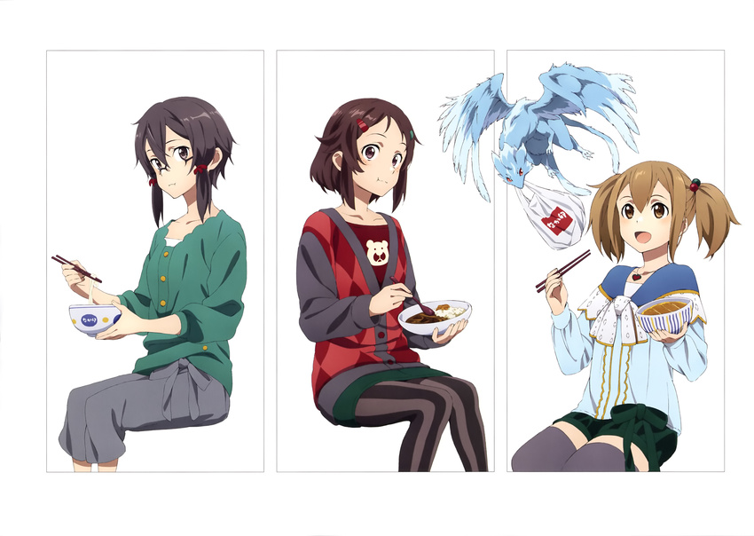 :d absurdres asada_shino blue_shirt brown_eyes brown_hair chopsticks collarbone dragon eating food glasses grey_legwear grey_pants grey_skirt hair_between_eyes hair_bobbles hair_ornament hairclip highres holding holding_chopsticks holding_spoon invisible_chair jewelry lisbeth long_hair looking_at_viewer miniskirt multiple_girls necklace noodles open_mouth pants pantyhose pina_(sao) ramen red_shirt shirt short_hair short_hair_with_long_locks short_shorts shorts sidelocks silica sitting skirt smile spoon striped striped_legwear sword_art_online thighhighs twintails vertical-striped_legwear vertical_stripes zettai_ryouiki