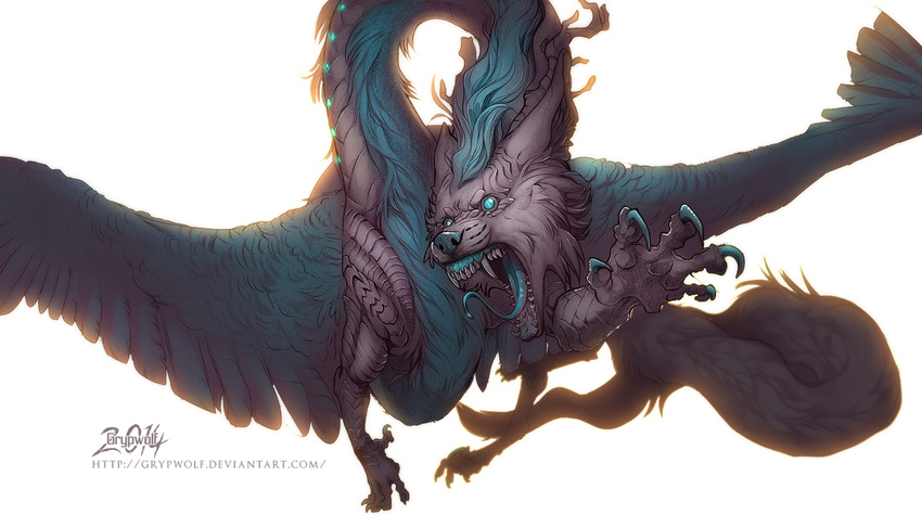 2014 5_fingers blue_eyes blue_feathers blue_hair blue_nose blue_tongue claws digital_drawing_(artwork) digital_media_(artwork) dragon feathered_dragon feathered_hair feathers flight_rising grypwolf hair imperial_dragon open_mouth simple_background teeth tongue white_background
