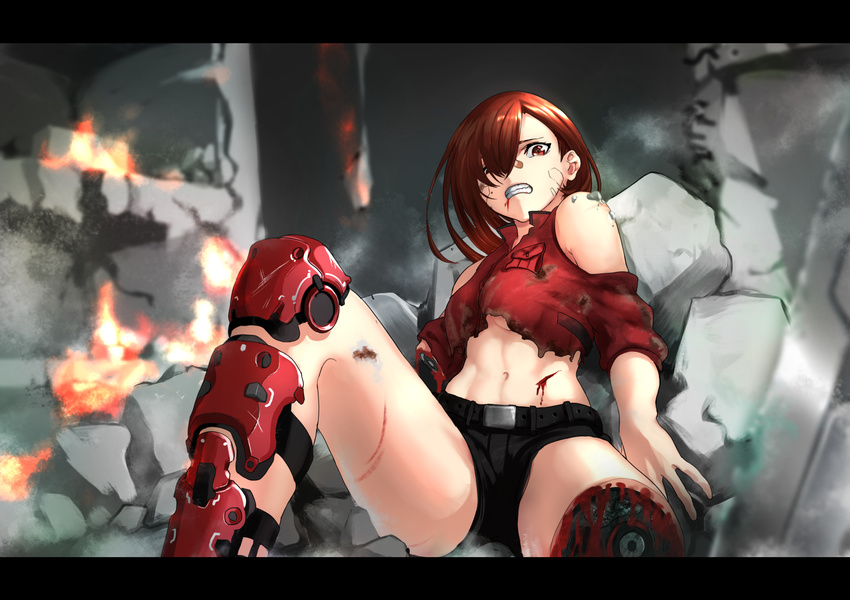amputee android asagon007 blood cuts cyborg damaged highres injury mechanical_arm mechanical_parts missing_limb navel orange_eyes original parts_exposed red_hair short_hair solo torn_clothes