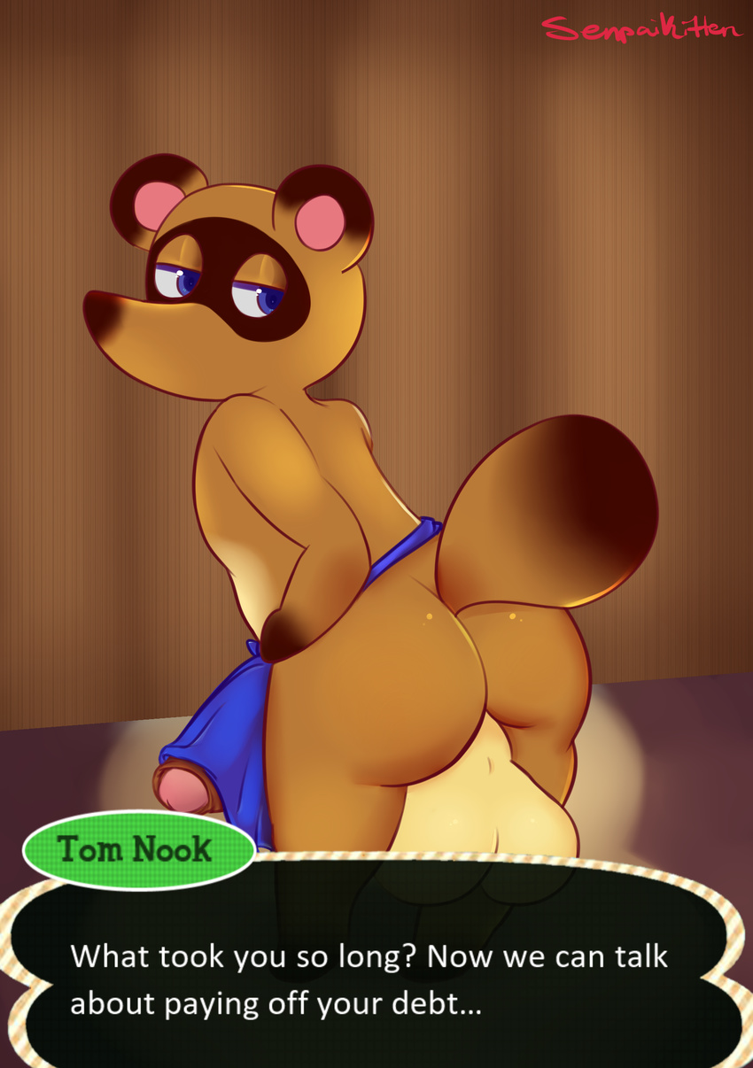 animal_crossing anthro apron balls barefoot big_balls big_penis blue_eyes butt clothed clothing dialogue english_text erection fur half-closed_eyes hi_res humanoid_penis looking_back lucidkitty male mammal nintendo penis presenting presenting_hindquarters procyonid raccoon round_ears senpaikitten solo standing text thick_penis tom_nook_(animal_crossing) uncut video_games