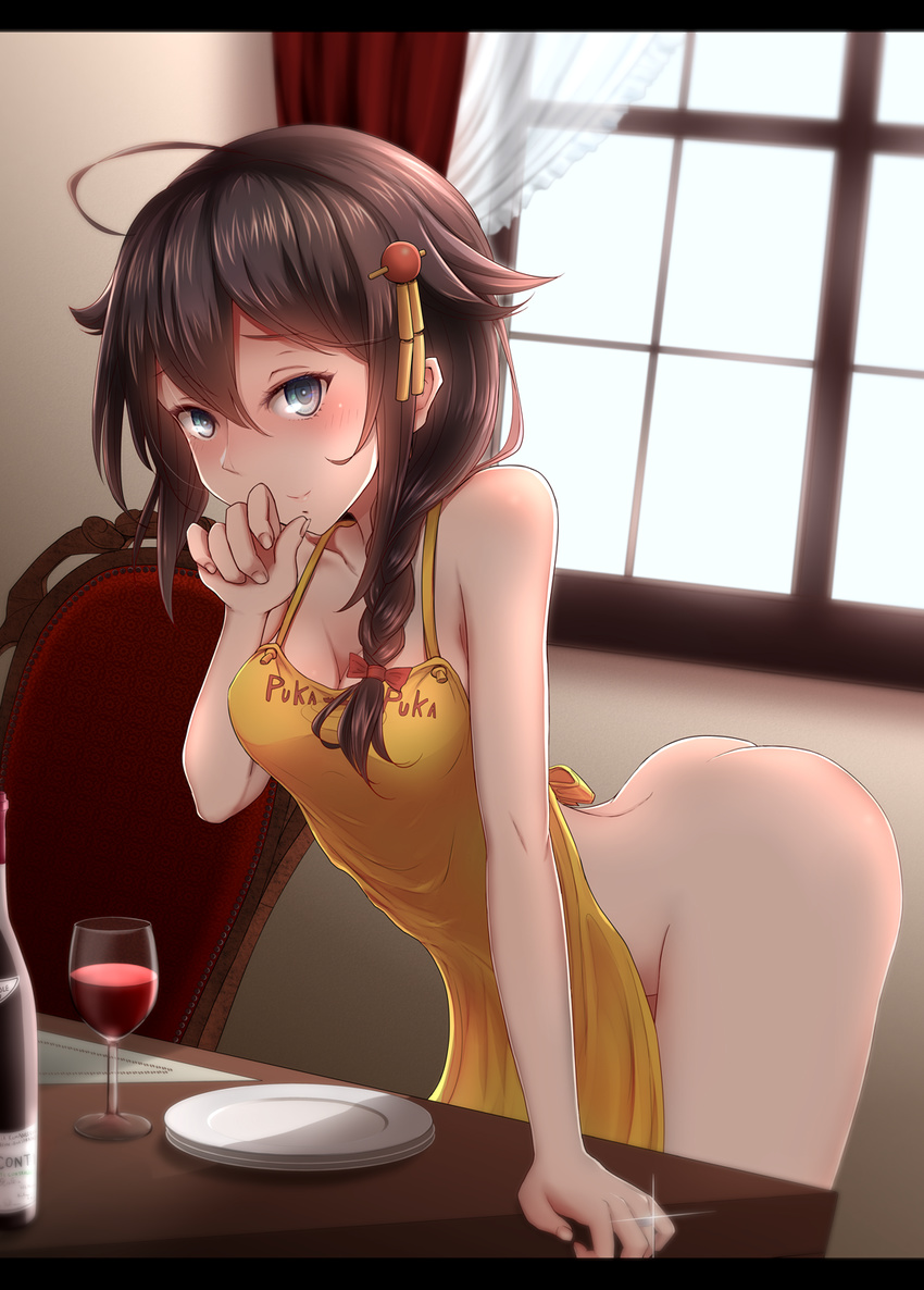 ahoge alcohol apron arched_back ass back backlighting bad_anatomy bent_over blue_eyes braid breasts brown_hair cleavage closed_mouth clothes_writing commentary_request cup drinking_glass frilled_curtains furrowed_eyebrows hair_flaps hair_ornament hair_over_shoulder hand_up highres huge_ahoge indoors jewelry kantai_collection letterboxed long_hair medium_breasts naked_apron naughty_face no_panties nuka_(nvkka) plate_stack puka_puka red_wine remodel_(kantai_collection) ring romaji shigure_(kantai_collection) single_braid smile solo standing table transparent wedding_band white_curtains window wine wine_glass yellow_apron