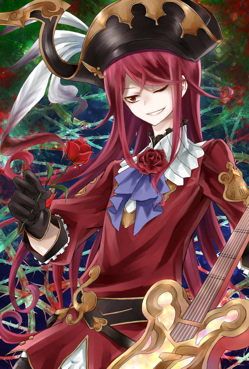 aoidos feathers flower gloves granblue_fantasy guitar hat highres instrument leaf long_hair male_focus one_eye_closed orange_eyes petals putty_(kusanntonn) red_hair rose solo teeth thorns upper_body