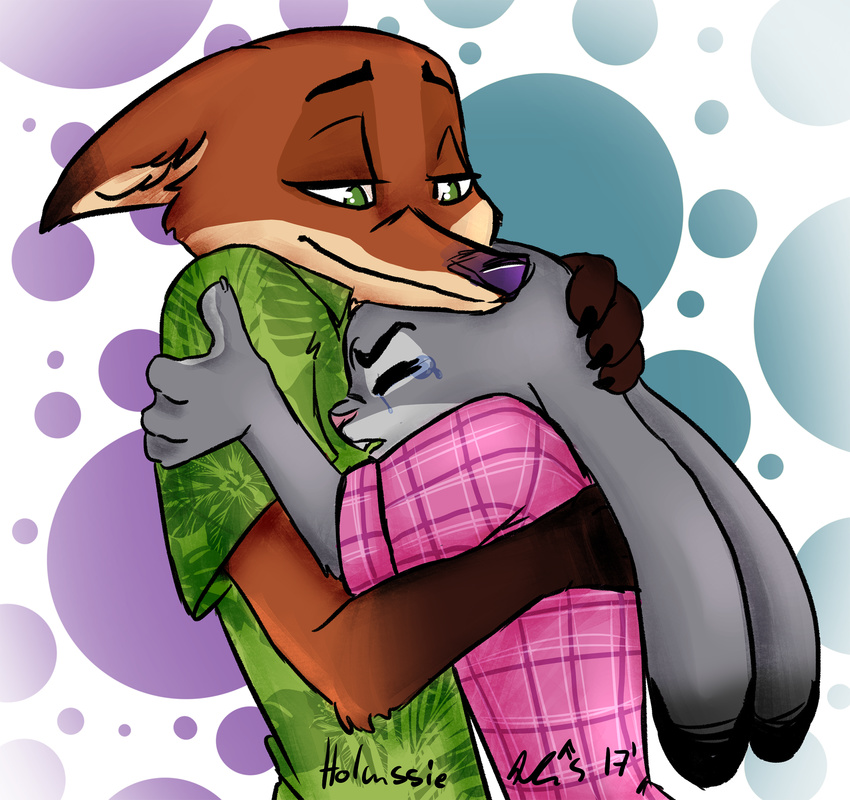 2017 anthro canine clothed clothing crying disney duo eyes_closed female fox fur gloves_(marking) grey_fur head_grab hi_res holmssie hug judy_hopps lagomorph larger_anthro larger_male male male/female mammal markings nick_wilde predator/prey rabbit signature size_difference smaller_anthro smaller_female tears zootopia