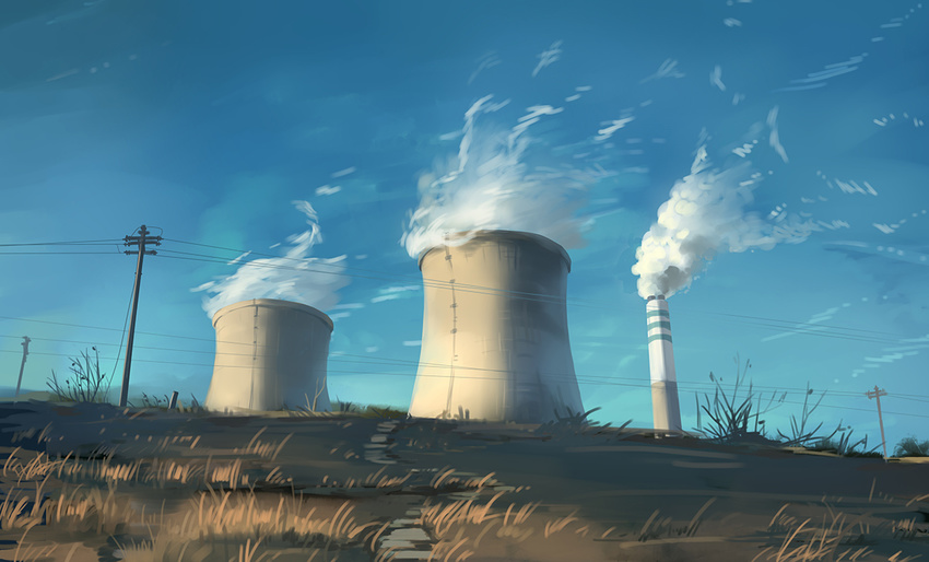 bad_pixiv_id blue_sky cooling_tower day grass huanxiang_huifeng no_humans nuclear_powerplant original outdoors power_lines scenery sky smog telephone_pole