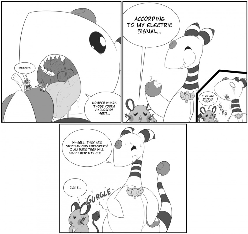 2018 accidental_vore ambiguous_gender ambiguous_prey ampharos anthro anthro_pred apple badge beady_eyes belly biped black_and_white buizel cheek_bulge comic communications_officer_dedenne dashing_wanderer_ampharos dedenne dialogue digital_drawing_(artwork) digital_media_(artwork) eating embarrassed empty_eyes english_text expedition_badge eyes_closed fan_character food fruit gem group hair half-closed_eyes hand_on_stomach holding_food holding_object humor larger_pred long_neck long_tail looking_aside looking_away mammal micro monochrome mouth_shot mustelid neck_bulge nintendo onomatopoeia open_mouth oral_vore pikachu pok&eacute;mon pok&eacute;mon_(species) pok&eacute;mon_mystery_dungeon rodent saliva saliva_string sharp_teeth shocked simple_background size_difference smaller_prey smile sound_effects sparky_the_chu speech_bubble stomach_noises stuttering surprise swallowing sweat sweatdrop teeth text tongue tongue_out unamused unaware video_games vore white_background whoops