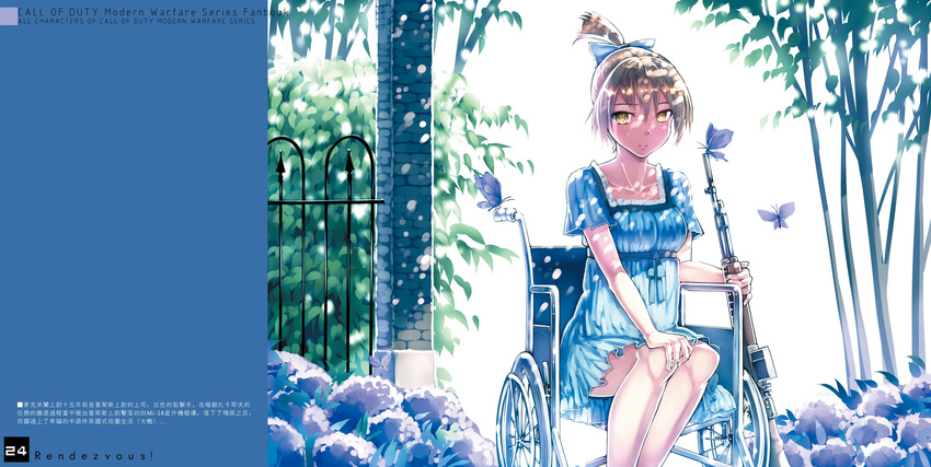 1girl butterfly call_of_duty english rifle siqi_(miharuu) wheelchair