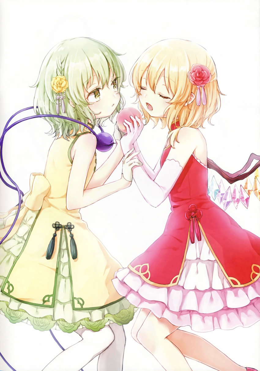 absurdres alternate_costume apple bare_arms blonde_hair chinese_clothes closed_eyes dress elbow_gloves flandre_scarlet flower food frilled_dress frills from_side fruit gloves green_eyes green_hair hair_flower hair_ornament highres holding holding_food holding_fruit honotai komeiji_koishi looking_at_another multiple_girls pantyhose red_dress red_flower red_footwear red_rose rose scan shoes short_dress simple_background sleeveless sleeveless_dress tassel third_eye touhou white_background white_gloves white_legwear wings yellow_dress yellow_flower yellow_rose