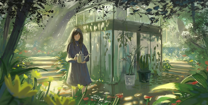 blue_dress blurry blurry_foreground blush brown_eyes brown_hair closed_mouth dappled_sunlight depth_of_field dress flower grass holding light_particles long_sleeves looking_at_viewer nature original outdoors plant potted_plant red_flower reido_(reido_c) solo stairs standing sunlight watering_can yellow_flower