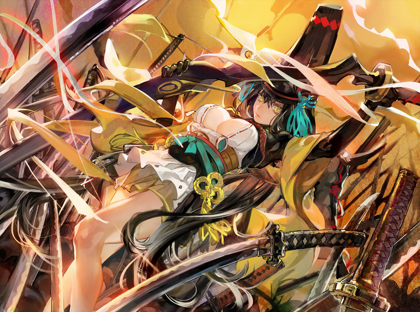 armor black_gloves black_hair breasts center_opening covered_nipples dutch_angle gloves hair_between_eyes hat highres holding holding_sword holding_weapon japanese_armor japanese_clothes katana kimono large_breasts long_hair looking_at_viewer multiple_swords noir_(ibaraki) obi onmyoji ootachi rope sash shimenawa short_kimono solo sword very_long_hair weapon wide_sleeves yellow_eyes youtouhime