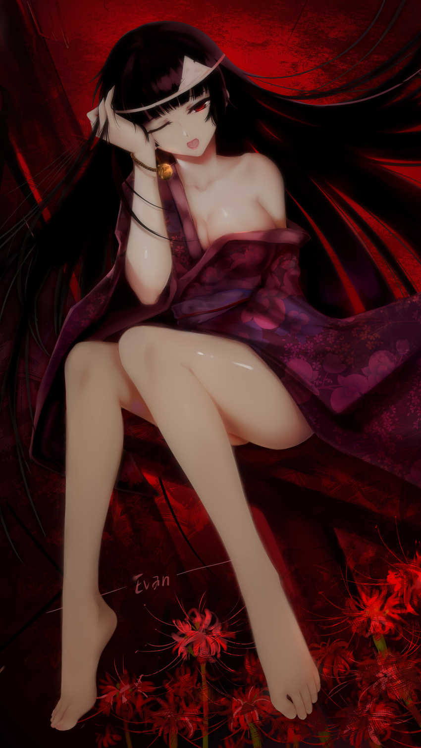 absurdres artist_name bangs barefoot bell black_hair blunt_bangs breasts evan_(912319) feet flower full_body hand_on_own_head highres hime_cut japanese_clothes kanoe_yuuko kimono large_breasts long_hair looking_at_viewer no_bra no_panties off_shoulder one_eye_closed purple_kimono red_eyes sash single_bare_shoulder sitting solo spider_lily tasogare_otome_x_amnesia tongue tongue_out triangular_headpiece very_long_hair