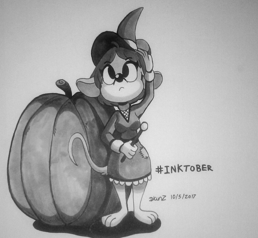 2017 3_toes 4_fingers barefoot black_and_white clothing female food fruit greyscale halloween hat holidays inktober magic_user magic_wand mammal monochrome mouse pumpkin randolfsparks rodent toes witch witch_hat