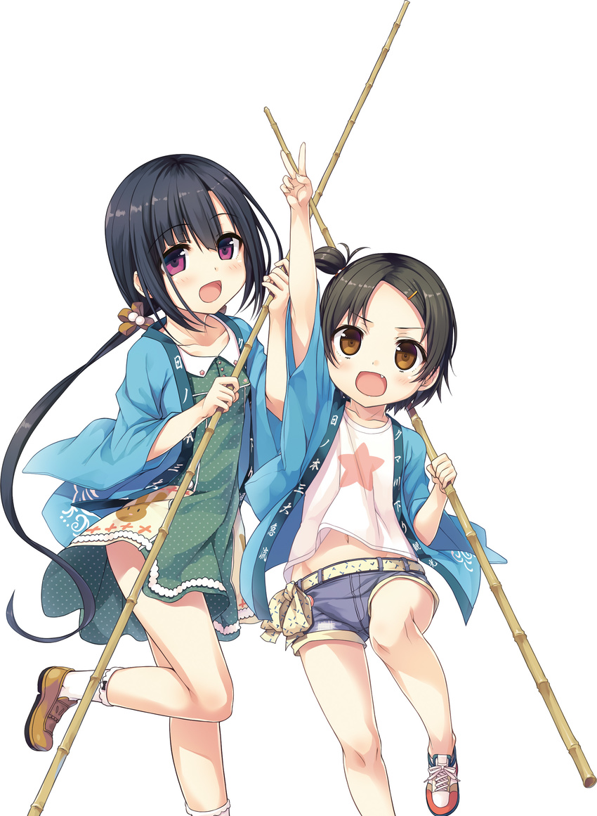 :d absurdres arm_up belt black_hair blue_jacket blue_shorts blush brown_eyes brown_footwear cura dress fang green_dress hayase_fukami highres holding jacket japanese_clothes long_sleeves looking_at_viewer maitetsu minokasa_nagi multiple_girls navel open_clothes open_jacket open_mouth polka_dot polka_dot_dress ponytail purple_hair shoes short_dress short_hair short_shorts shorts simple_background smile socks standing standing_on_one_leg unmoving_pattern v white_background white_legwear